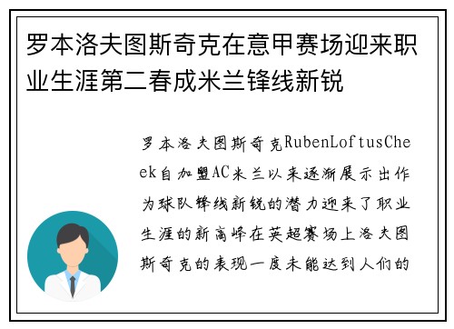 罗本洛夫图斯奇克在意甲赛场迎来职业生涯第二春成米兰锋线新锐 罗本洛夫图斯奇克在意甲赛场迎来职业生涯第二春成米兰锋线新锐